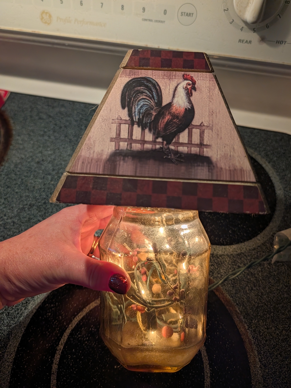 Rooster Mason Jar Lighted Accent Lamp with Checkered Shade